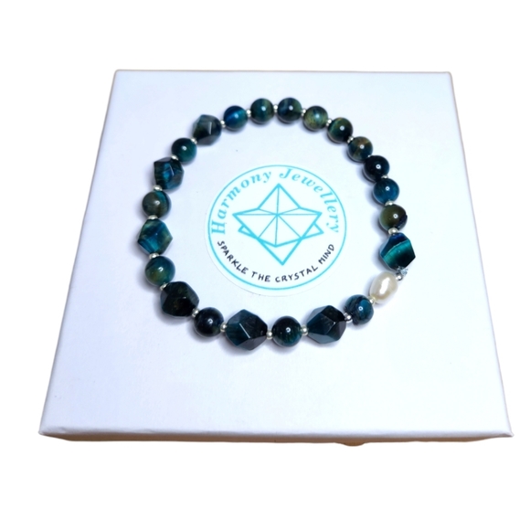 6 mm and 8mm Blue Tiger Eye, Freshwater pearl bracelet - Picture 1 of 2